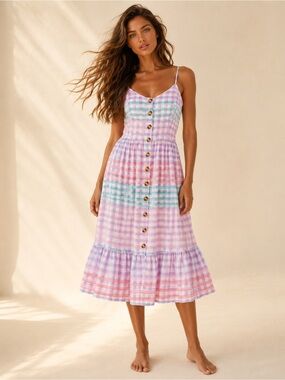 Jopna Pastel Gingham Midi Dress Cottagecore Coastal Picnic Coquette Soft Girl XL